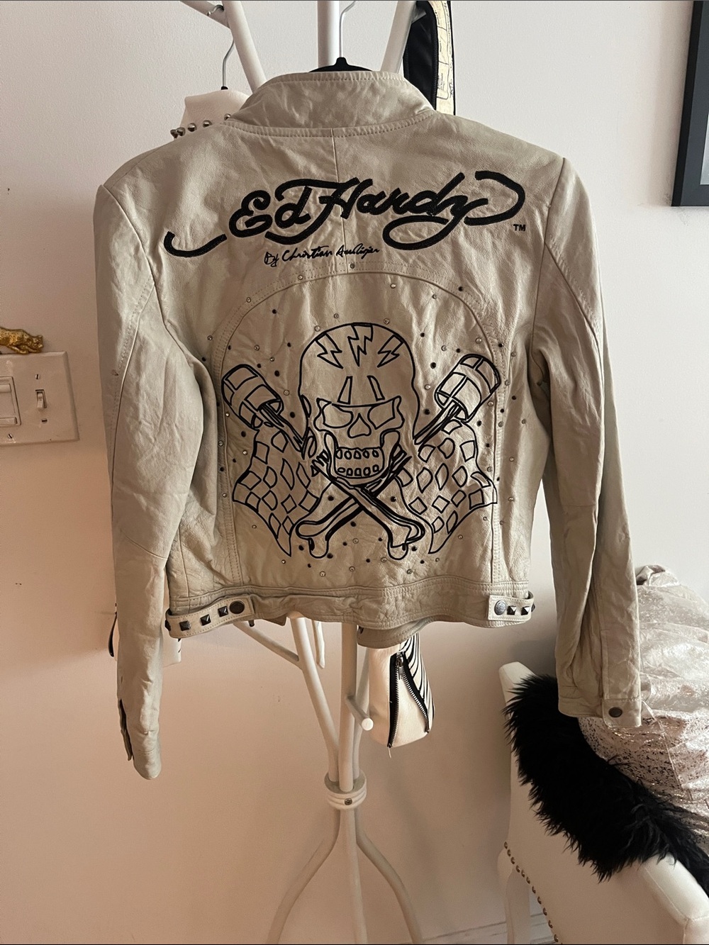 Ed Hardy Beige Leather Jacket with Black Skull Graphic